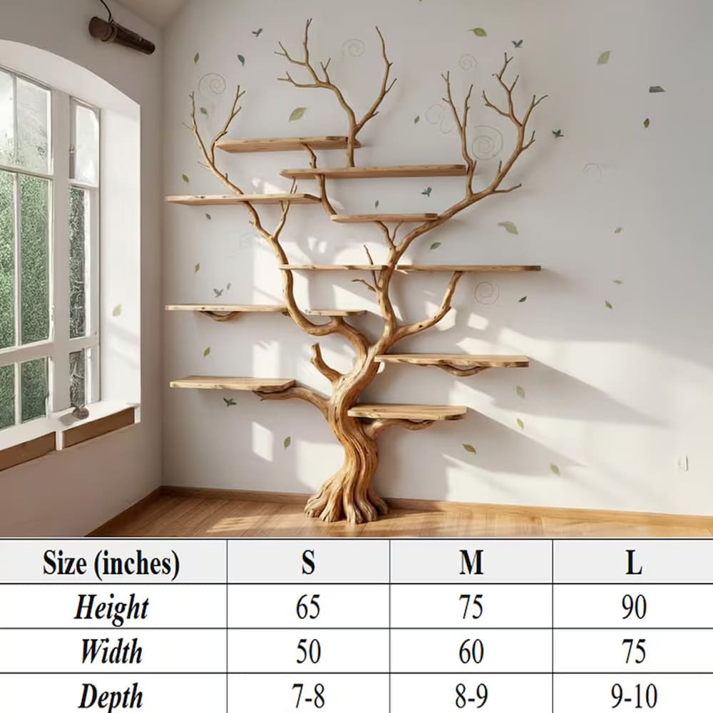 Tree branch book shelf floating shelves wall mounted reclaimed solid wood bookcase driftwood sculpture art furniture