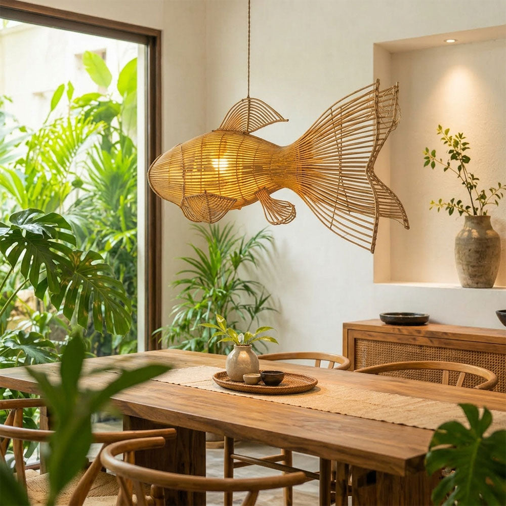 Unique four tail rattan fish pendant light for coastal decor