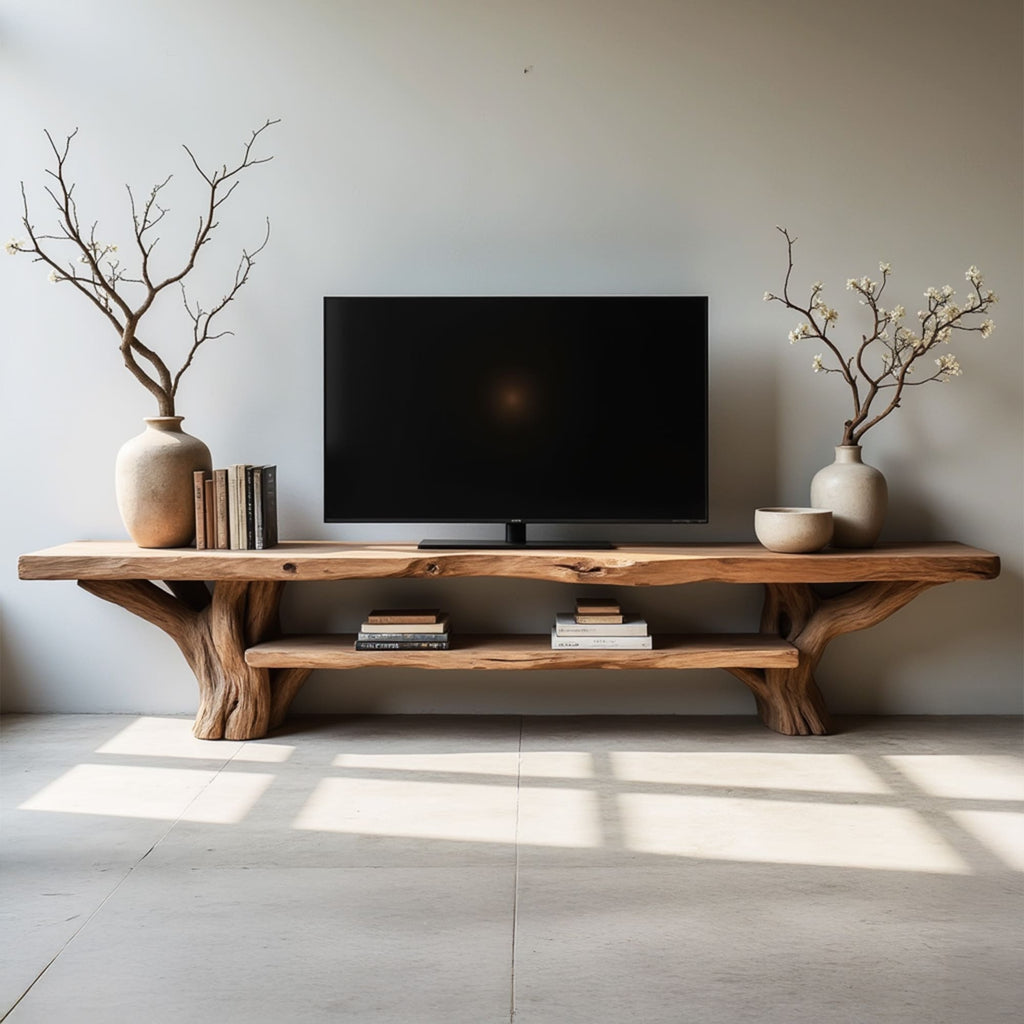 Natural driftwood tv stand live edge monitor shelving wall mount monitor stand solid tree branch console table wood storage bench