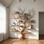 Tree branch book shelf floating shelves wall mounted reclaimed solid wood bookcase driftwood sculpture art furniture