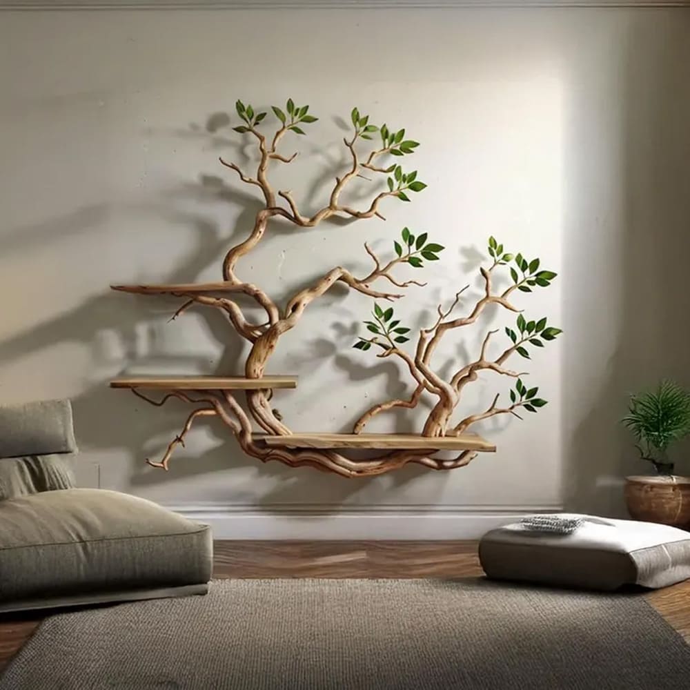 Tree bookshelves custom floating shelves solid wood bookcase carving driftwood art shelves on wall
