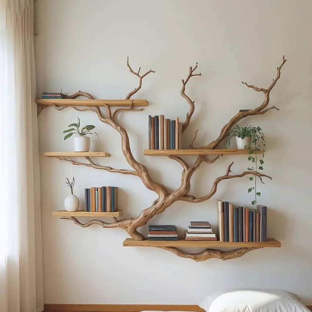 Tree branch book shelf floating shelves on wall solid wood bookshelf driftwood wall art decor for living room