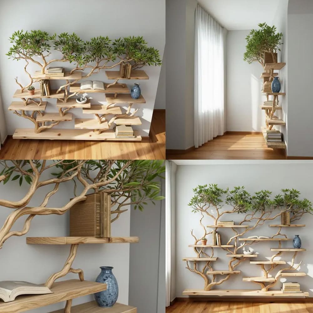 Floating bookshelf tree branch wall mounted book shelf handcrafted carving sculpture reclaimed solid wood bookcase