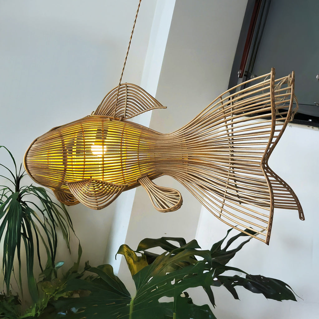 Unique four tail rattan fish pendant light for coastal decor