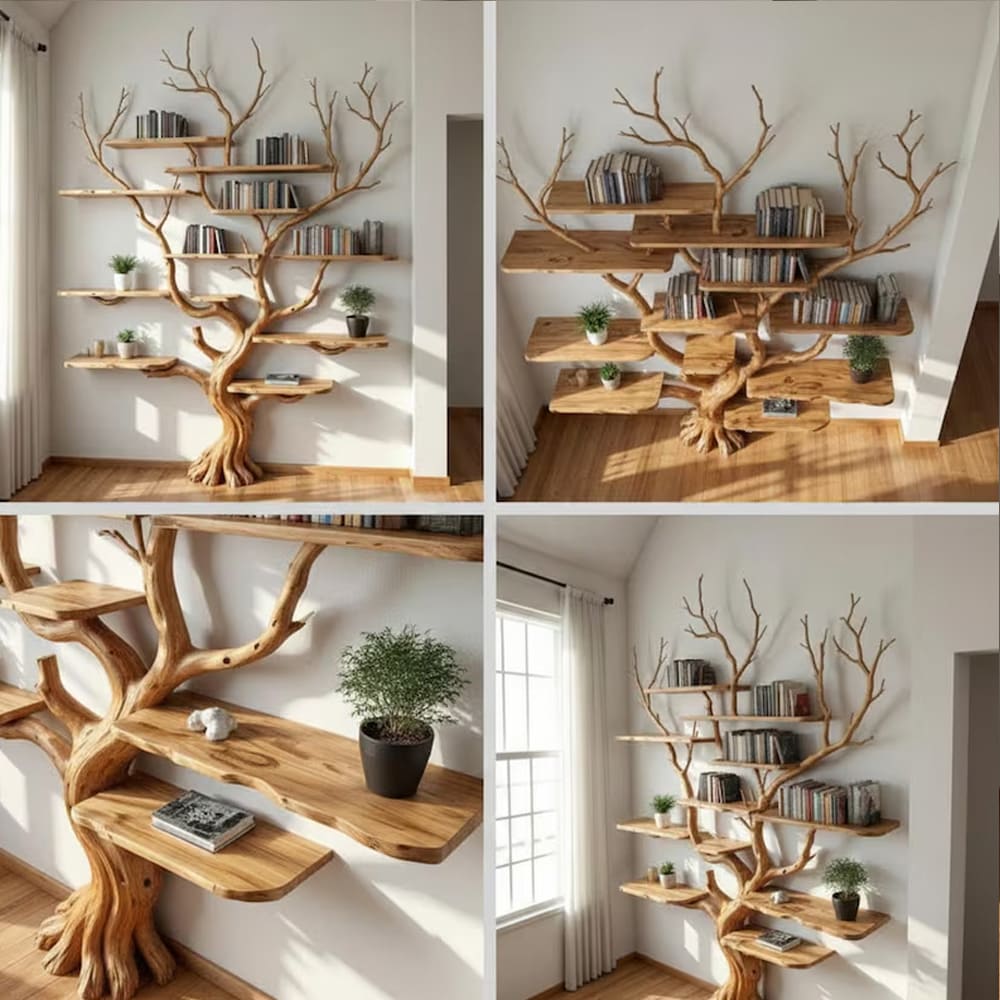 Tree branch book shelf floating shelves wall mounted reclaimed solid wood bookcase driftwood sculpture art furniture
