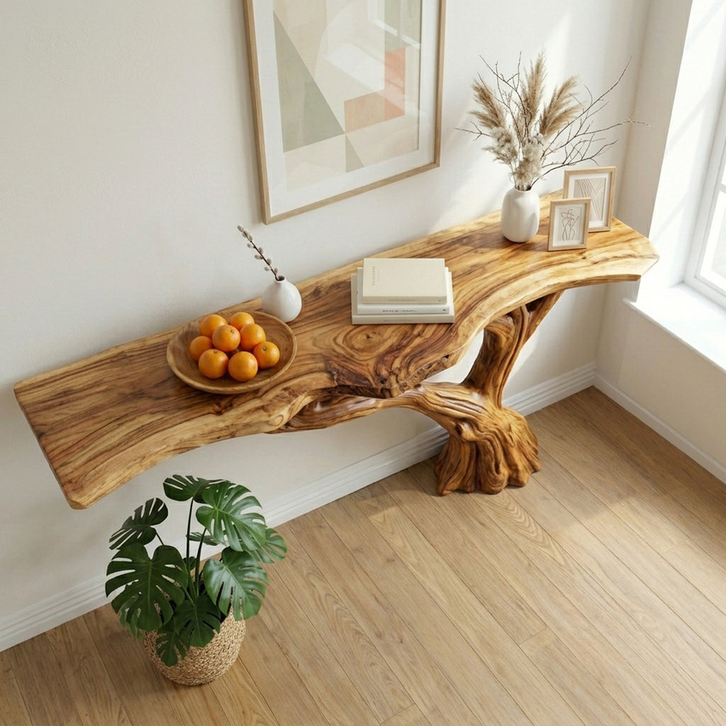 Live edge console table entryway unique reclaimed solid wood narrow side table wall mount tabletop handmade furniture