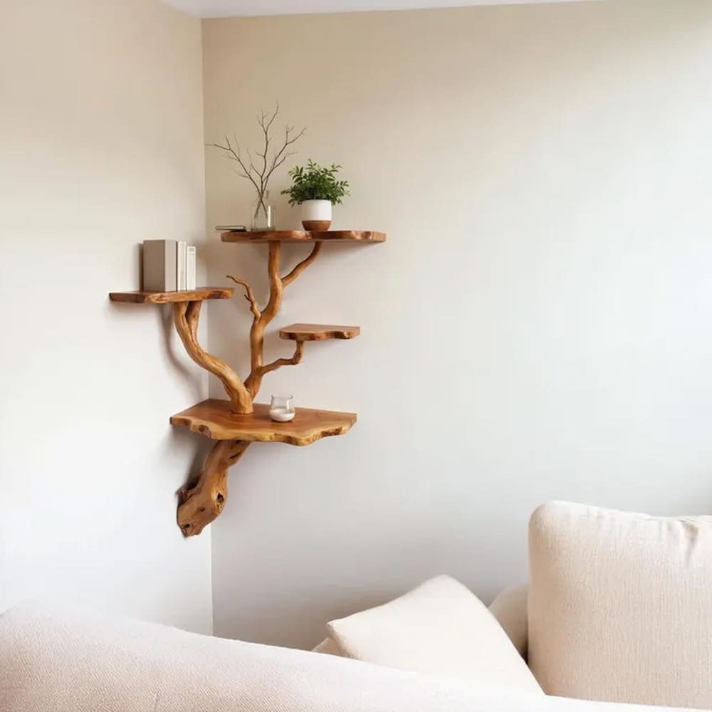 Floating corner shelf tree driftwood branch bookshelf wall mount solid wood bookcase handcrafted rustic furntiure