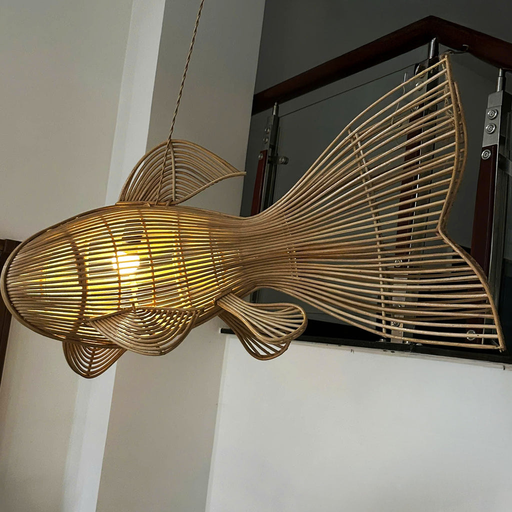 Unique four tail rattan fish pendant light for coastal decor
