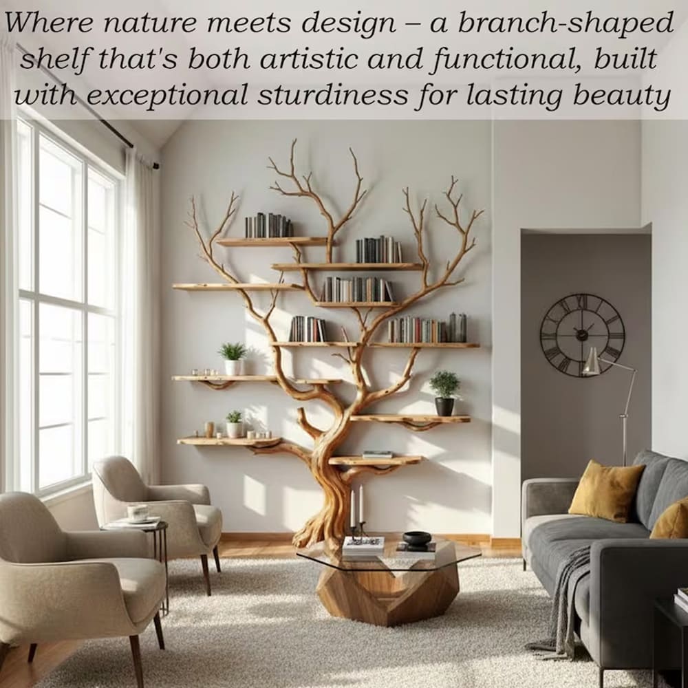 Tree branch book shelf floating shelves wall mounted reclaimed solid wood bookcase driftwood sculpture art furniture