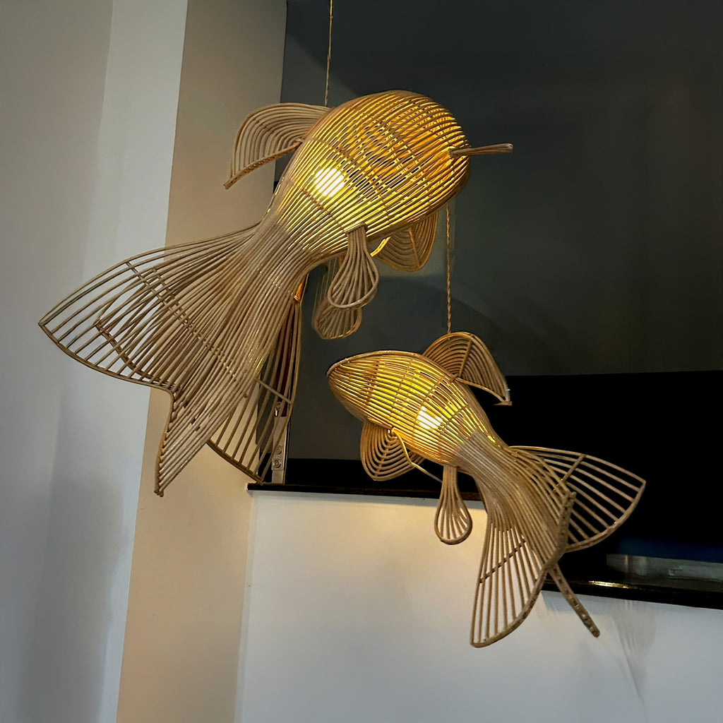 Unique four tail rattan fish pendant light for coastal decor