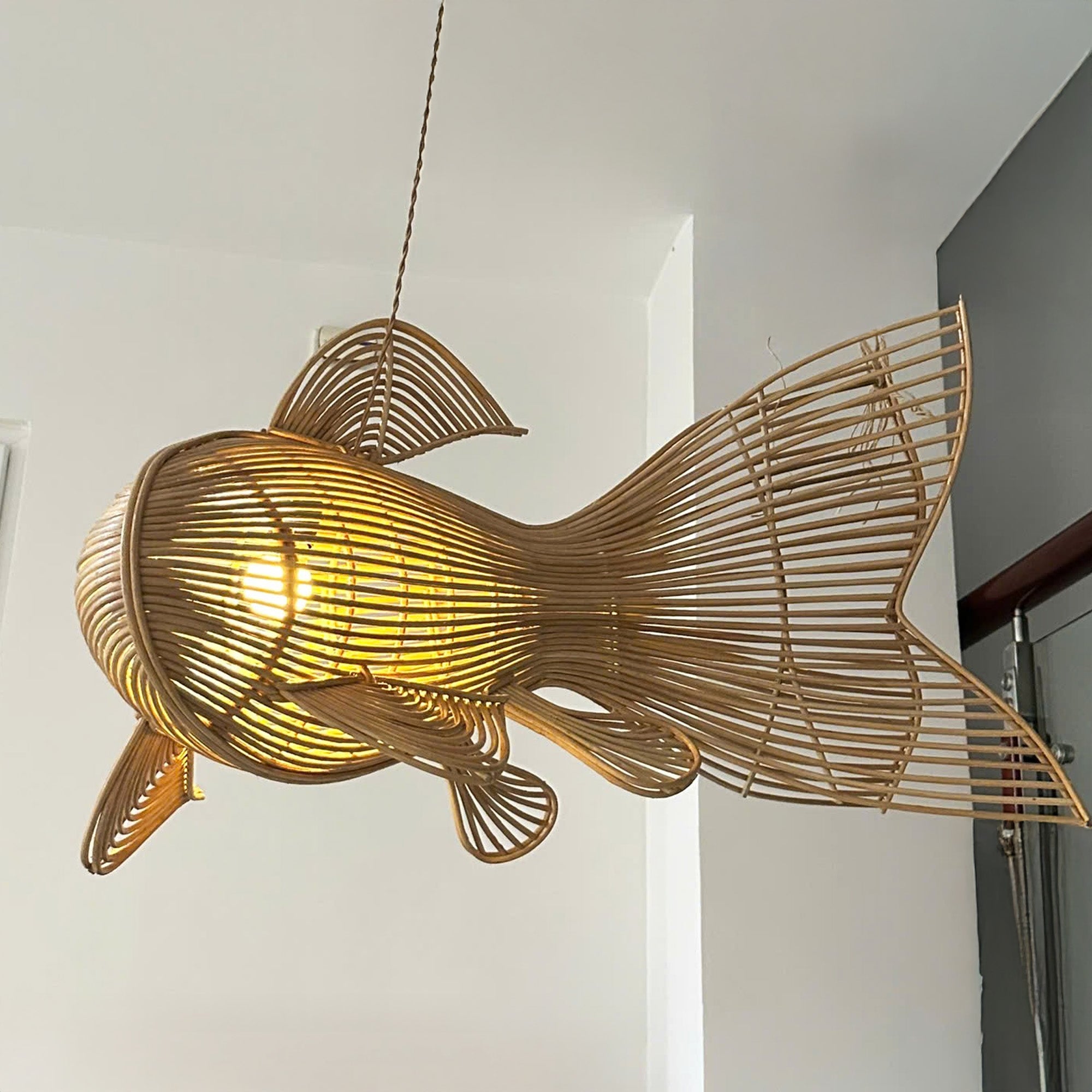Unique four tail rattan fish pendant light for coastal decor