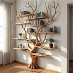 Tree branch book shelf floating shelves wall mounted reclaimed solid wood bookcase driftwood sculpture art furniture