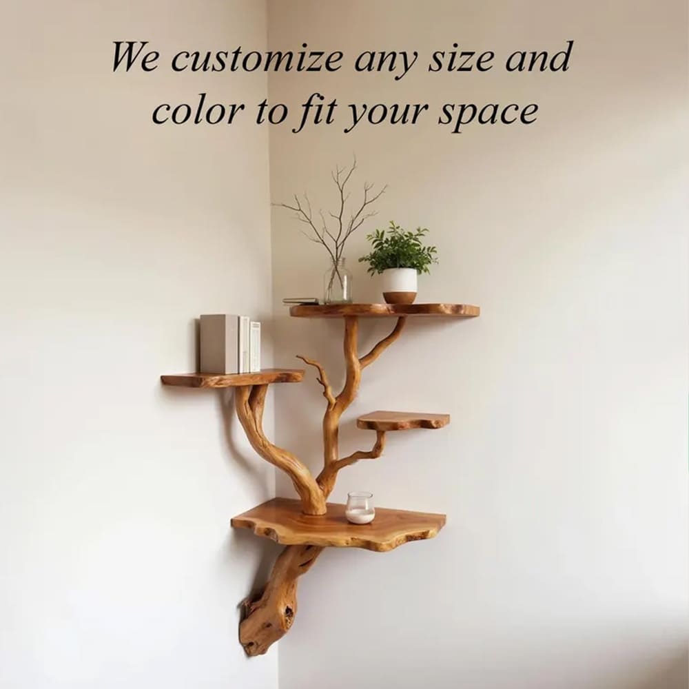 Floating corner shelf tree driftwood branch bookshelf wall mount solid wood bookcase handcrafted rustic furntiure