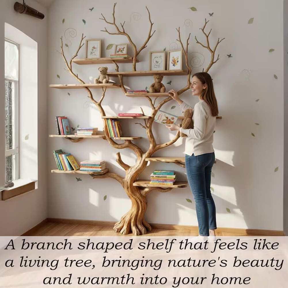 Tree branch book shelf floating shelves wall mounted reclaimed solid wood bookcase driftwood sculpture art furniture