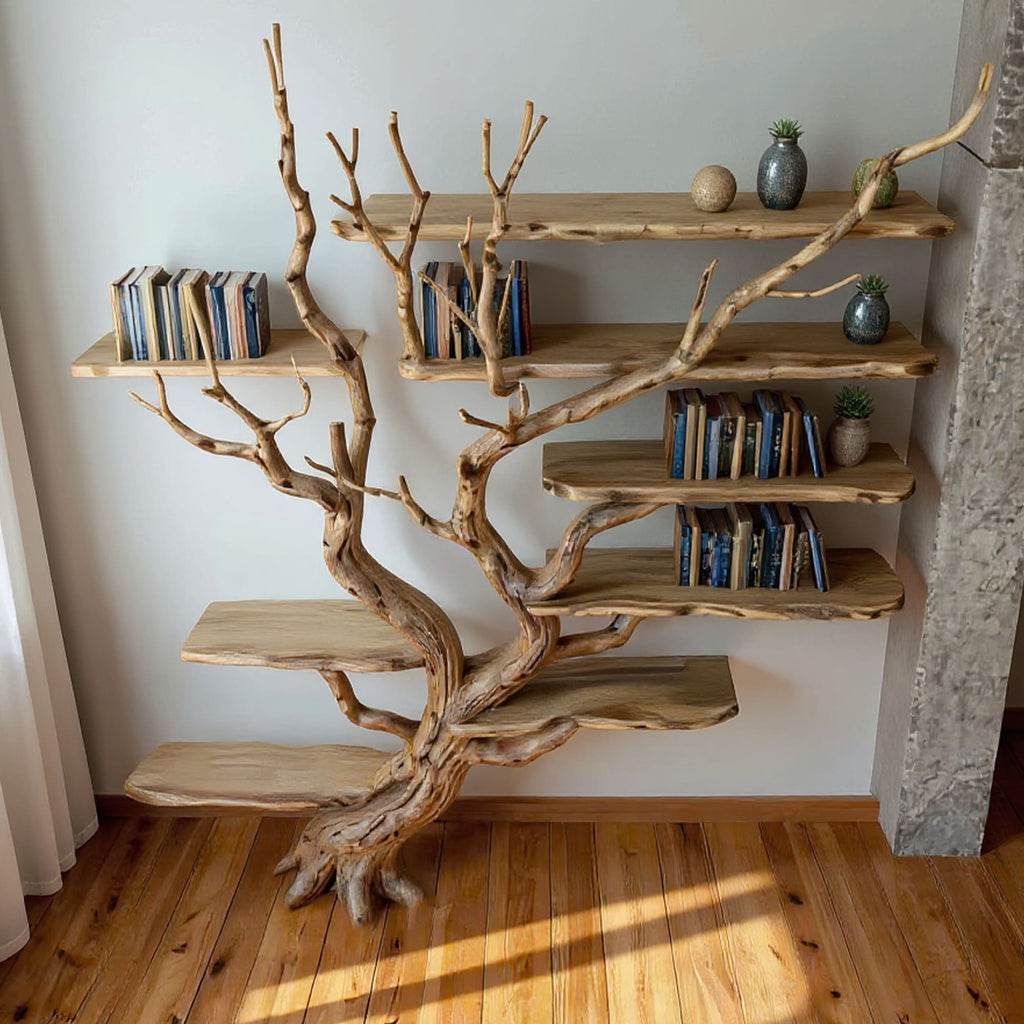 Driftwood Tree Bookshelf Natural Wood Wall-Mounted Bookcase