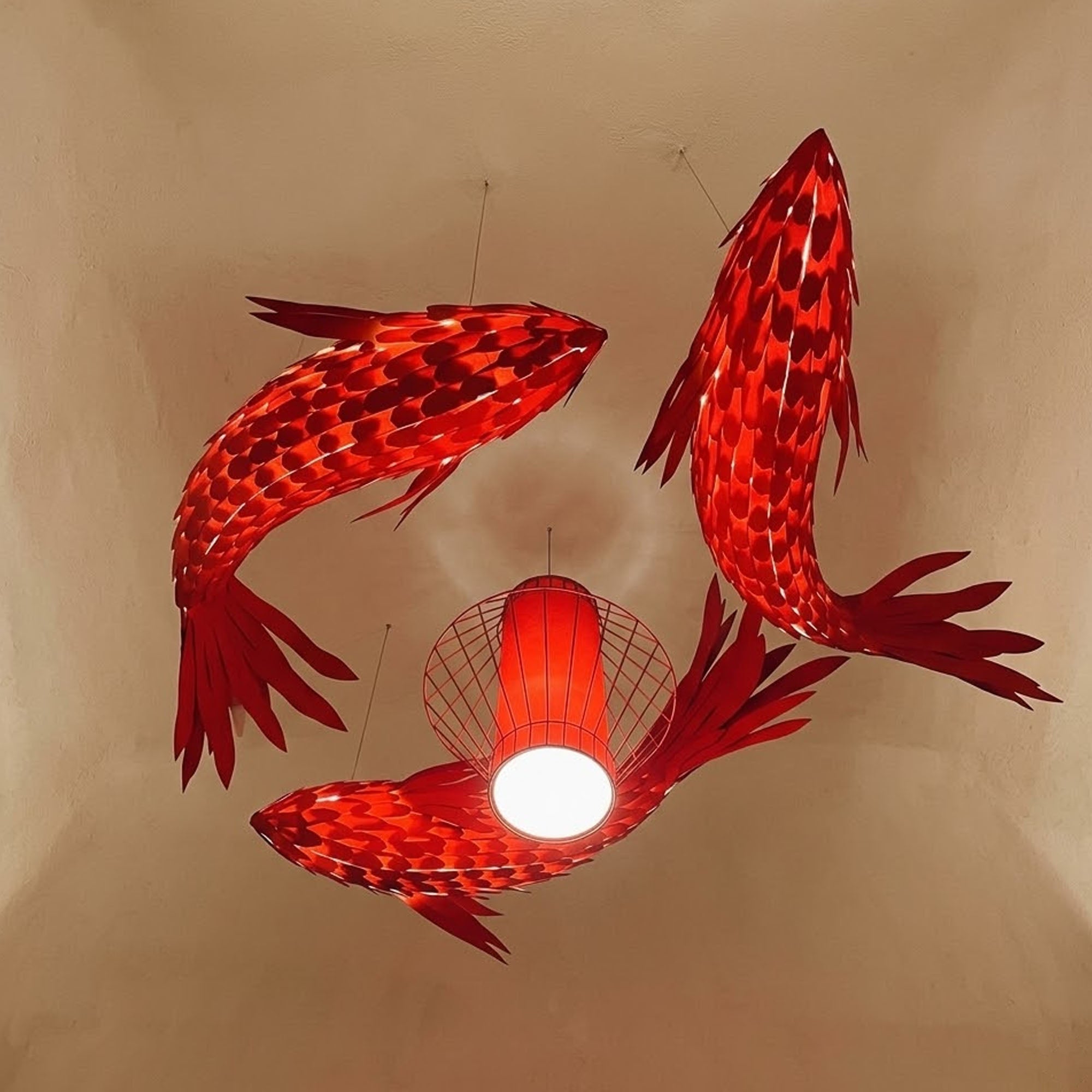 Red wood veneer fish ceiling light fish shape chandelier lighting