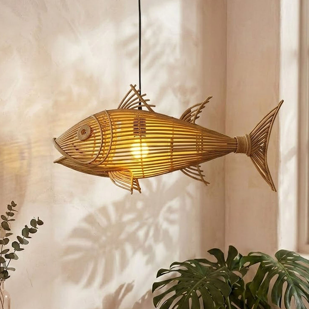 Tuna fish rattan ceiling light for coastal home decor