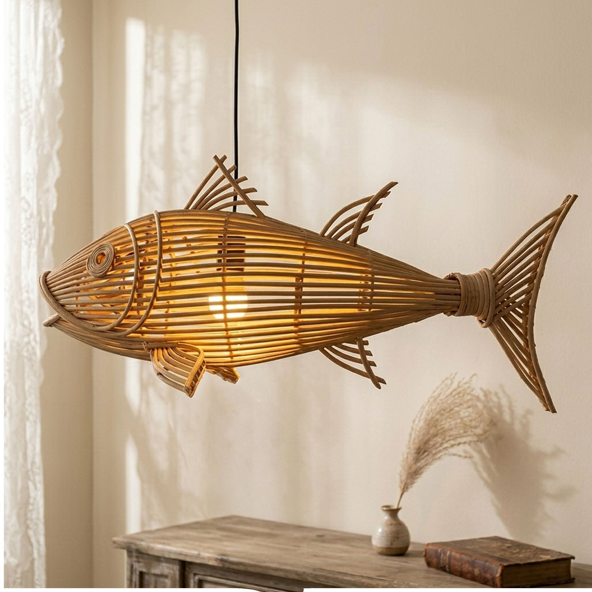 Fish rattan ceiling light for coastal home decor