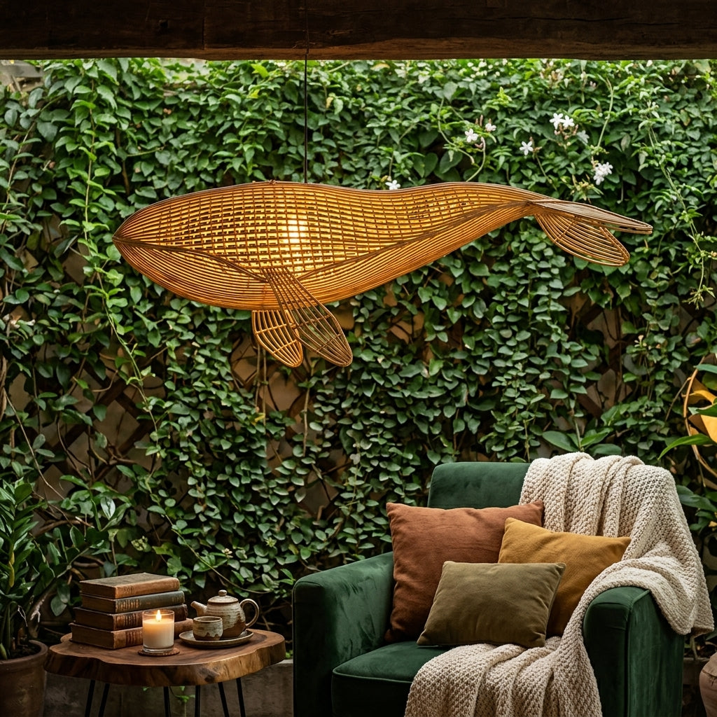Whale rattan light fixture for coastal wall or ceiling decor