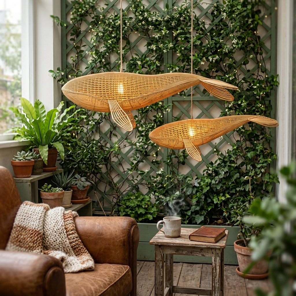 Whale rattan light fixture for coastal wall or ceiling decor