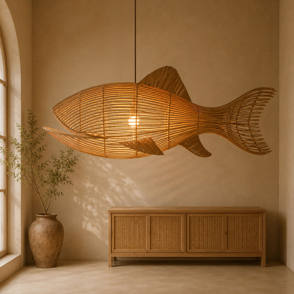 Whale wicker fish chandelier light fixture art decor