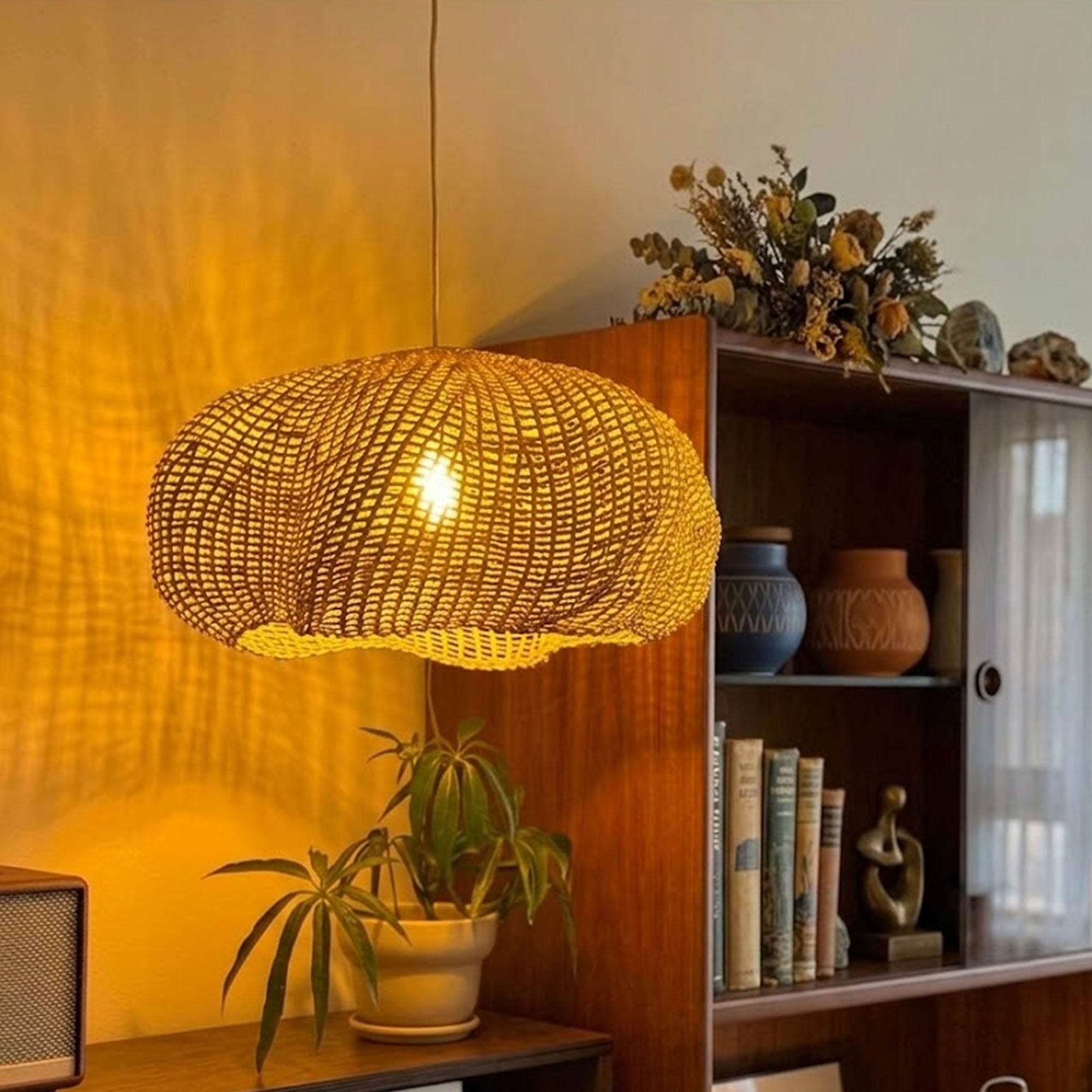 Handwoven wicker rattan ceiling light for boho home decor