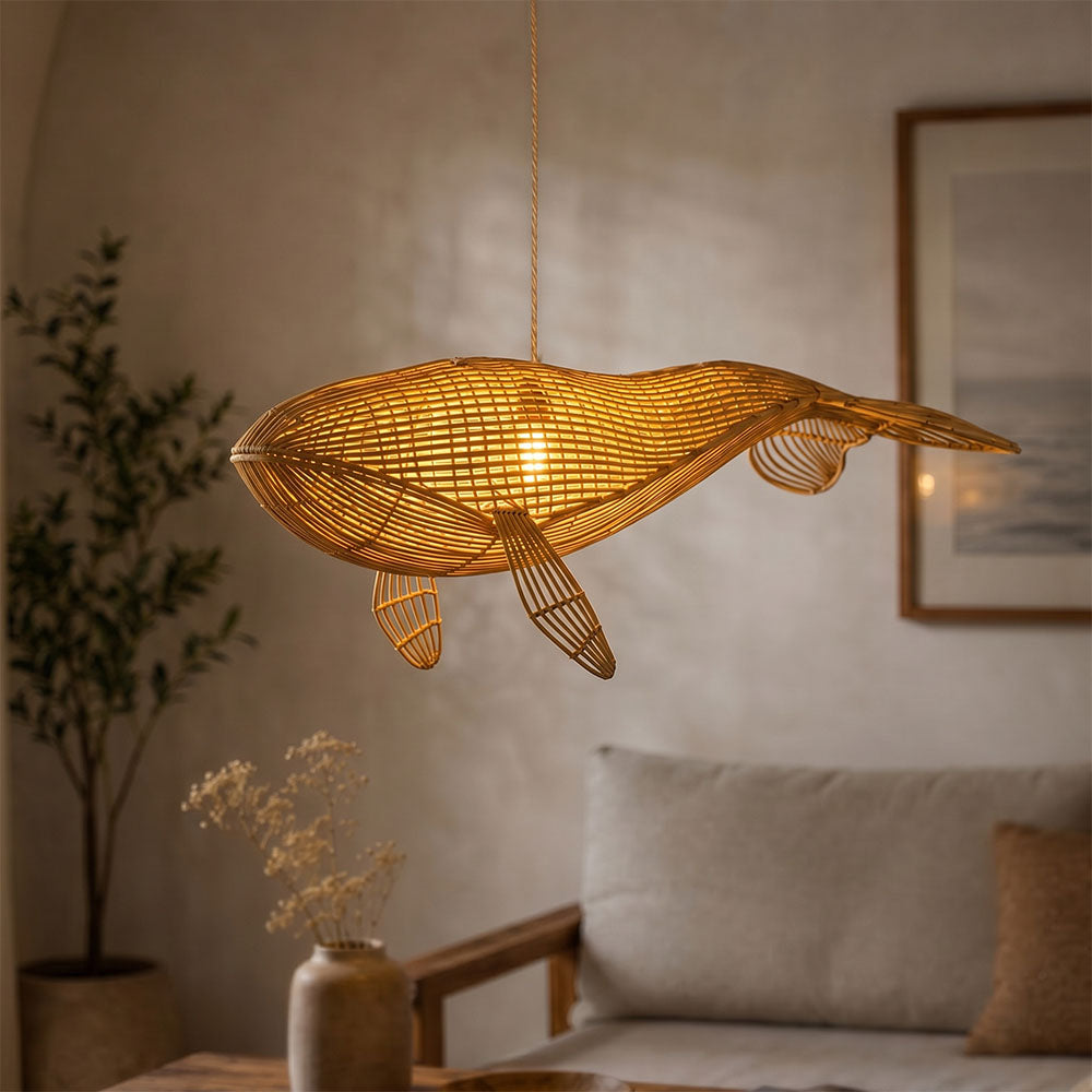 Whale rattan light fixture for coastal wall or ceiling decor