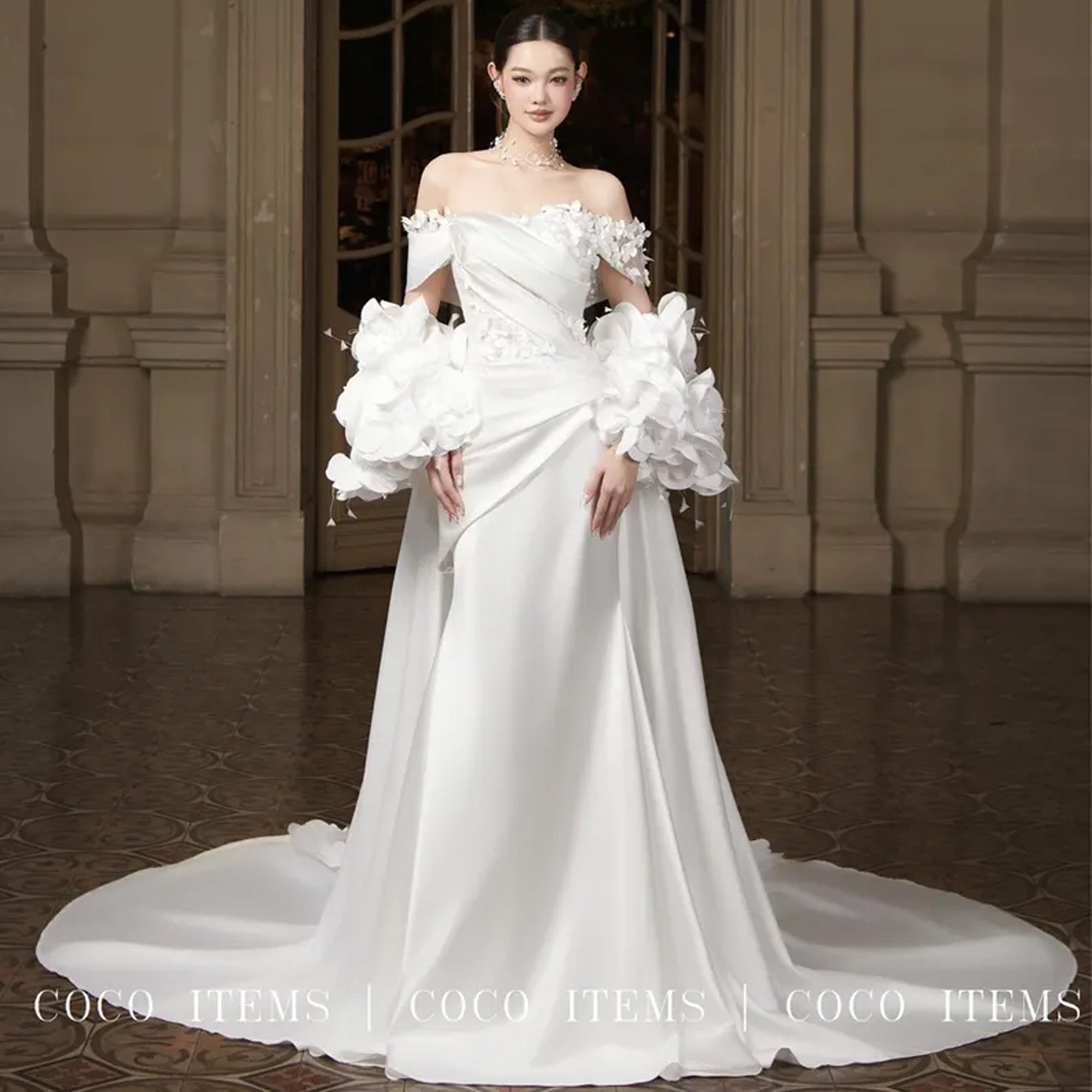 Wedding Dress With Puff Sleeves & Long Train Separate Skirt Embroidered With Handmade Silk Flowers, Minimalist Handmade Wedding Dress Satin