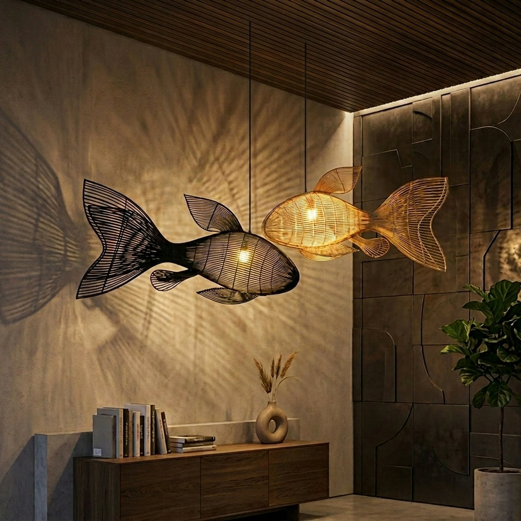 Four tail rattan fish pendant light in natural, red & black