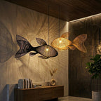 Four tail rattan fish pendant light in natural, red & black
