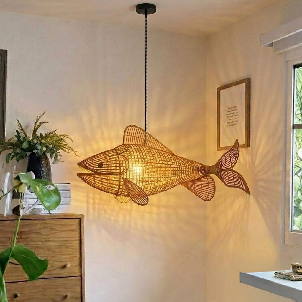 Fish rattan ceiling light unique art deco lamp hanging