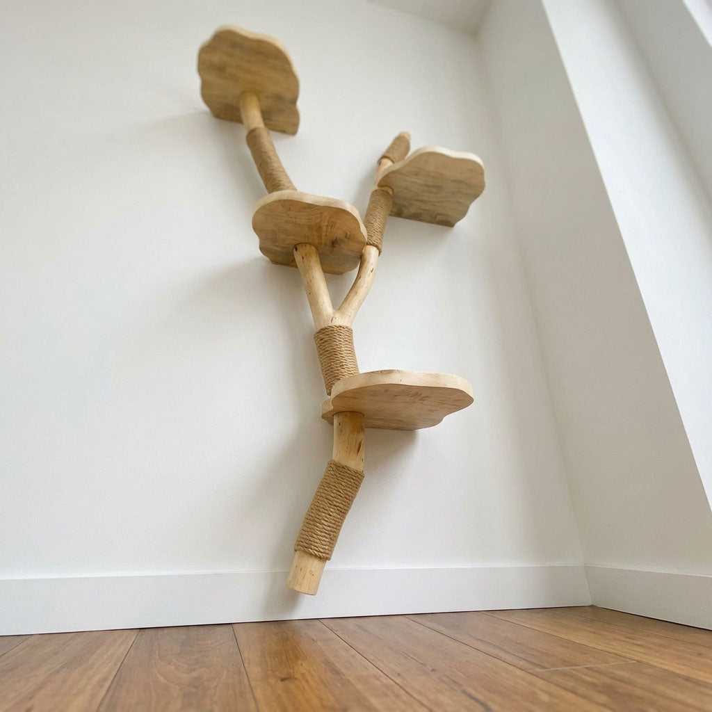 Cat Tree Natural Wood Wall Mounted Cat Climber and Scratching Post