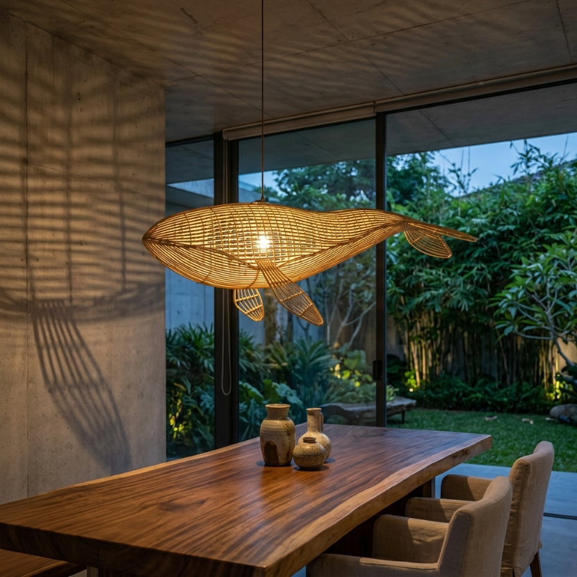 Whale rattan light fixture for coastal wall or ceiling decor