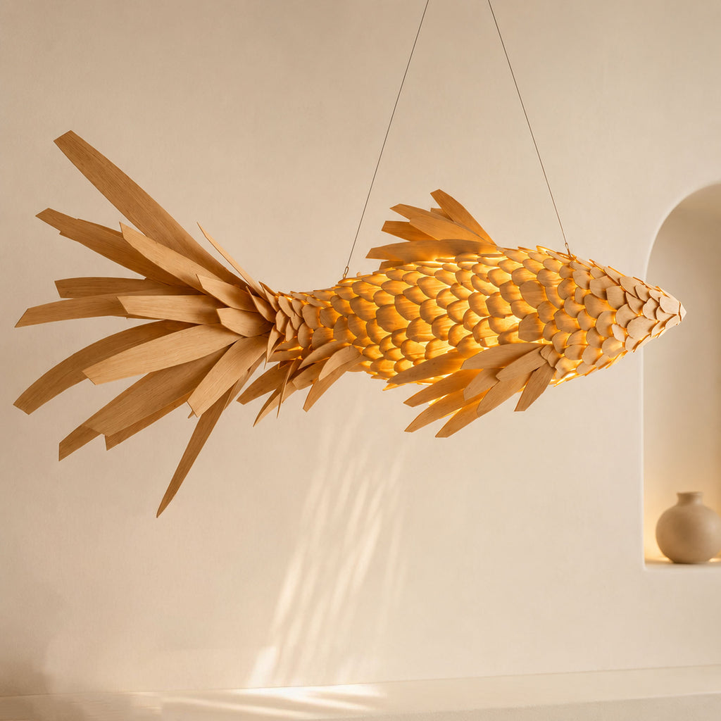 Fish ceiling light wood veneer lamp handcrafted art decor