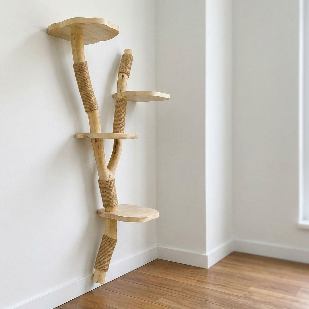 Cat Tree Natural Wood Wall Mounted Cat Climber and Scratching Post