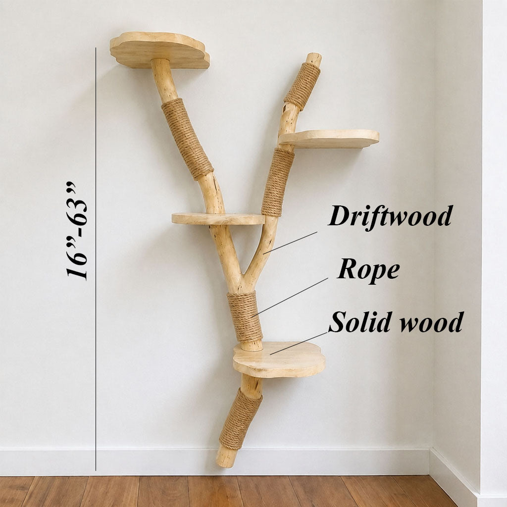 Cat Tree Natural Wood Wall Mounted Cat Climber and Scratching Post