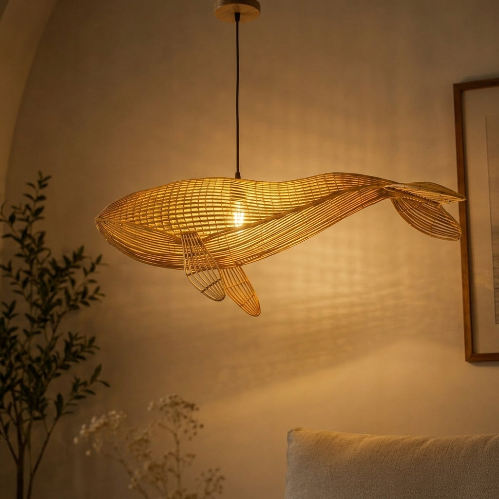 Whale rattan light fixture for coastal wall or ceiling decor