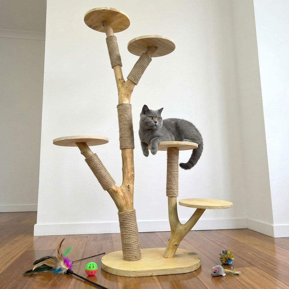 Natural Wood Cat Tree with Sisal Scratching Posts