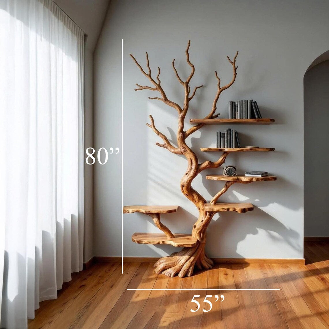 Tree bookshelf driftwood branch shelf art wall mount solid wood
