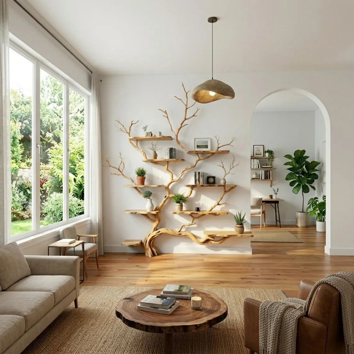 Live edge tree branch bookshelf solid wood wall shelf
