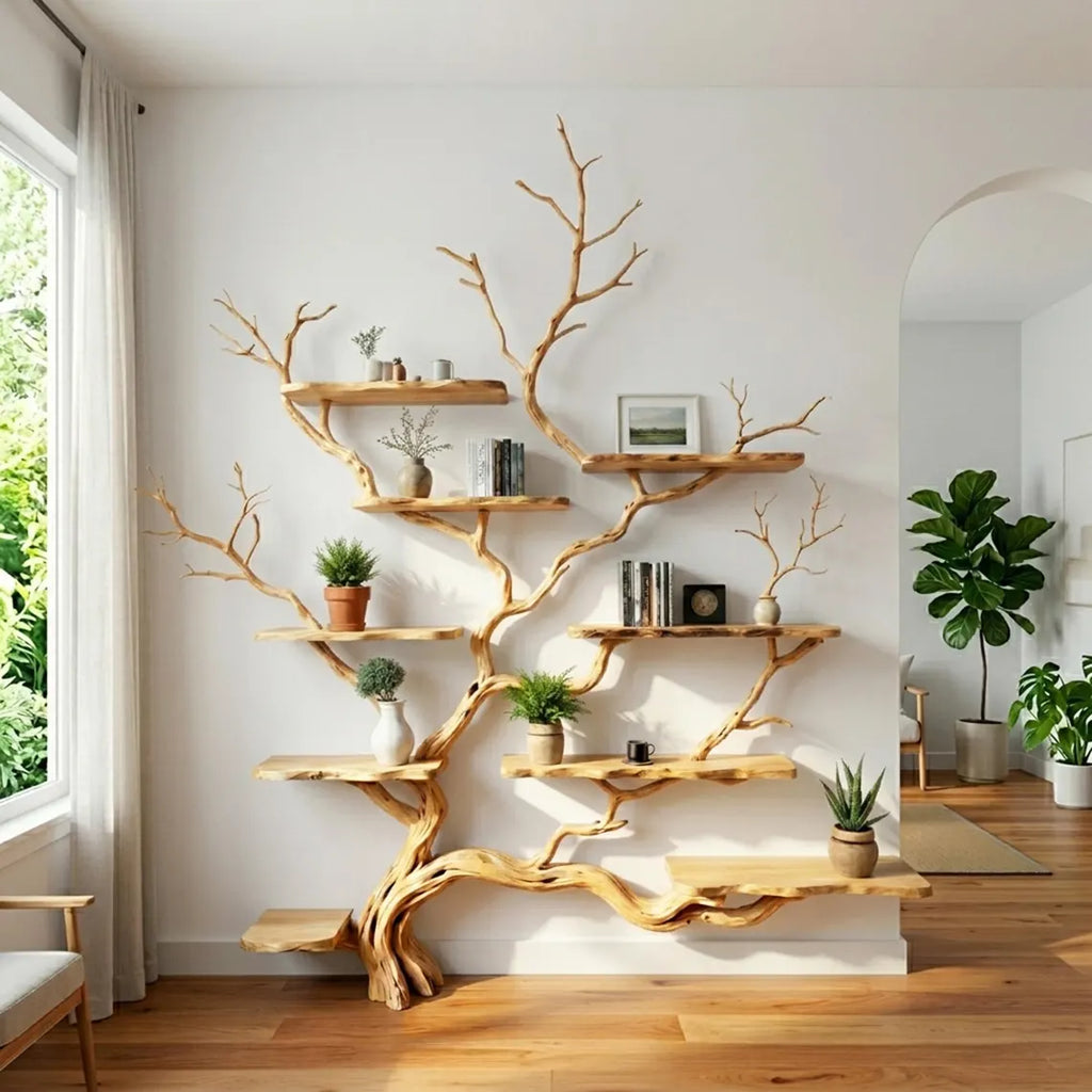 Live edge tree branch bookshelf solid wood wall shelf