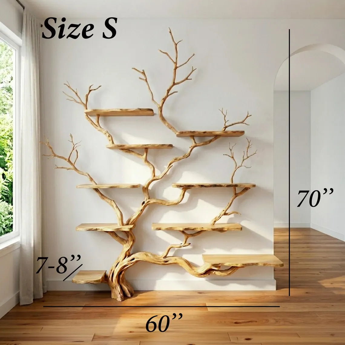 Live edge tree branch bookshelf solid wood wall shelf