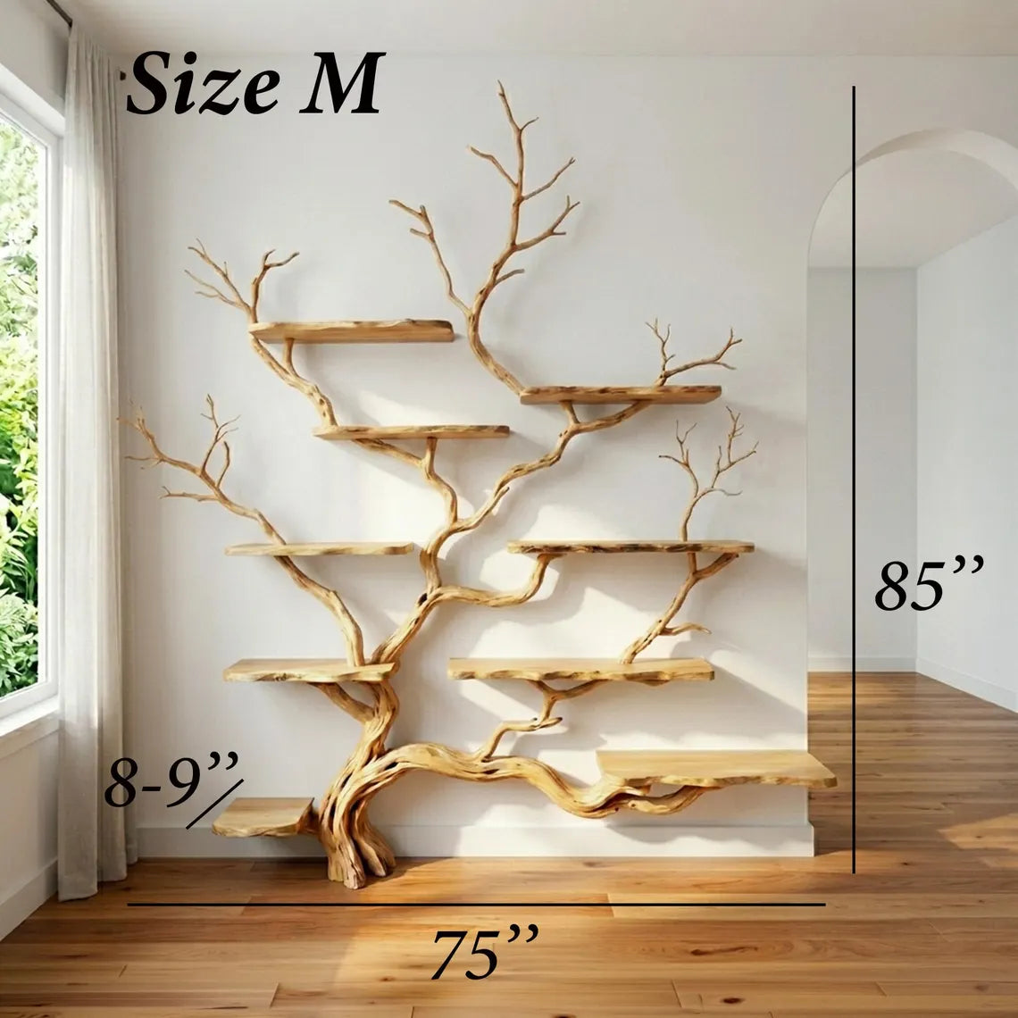 Live edge tree branch bookshelf solid wood wall shelf