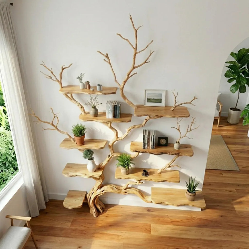Live edge tree branch bookshelf solid wood wall shelf