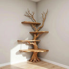 Corner driftwood bookshelf tree branch shelves