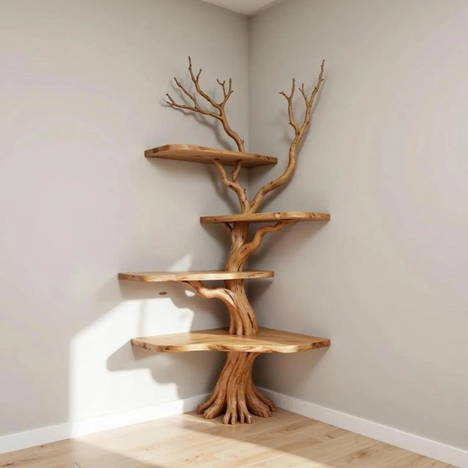 Corner driftwood bookshelf tree branch shelves
