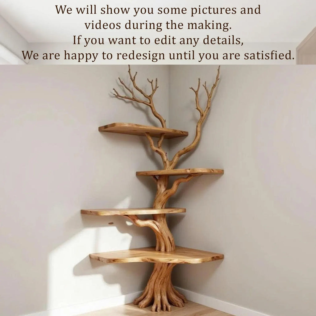 Corner driftwood bookshelf tree branch shelves