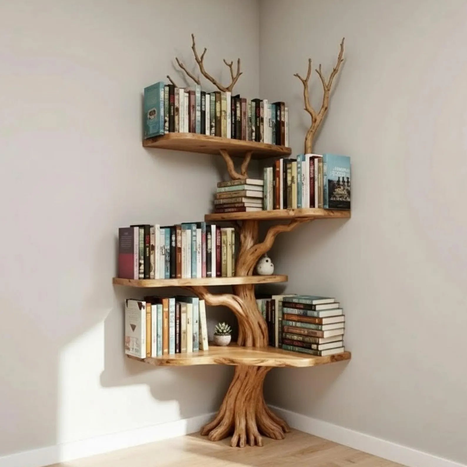 Corner driftwood bookshelf tree branch shelves