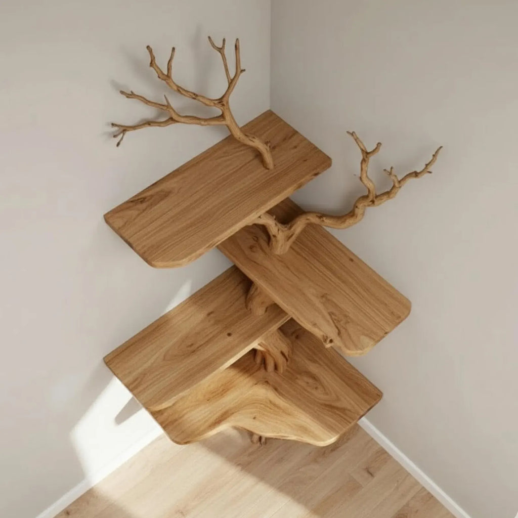 Corner driftwood bookshelf tree branch shelves