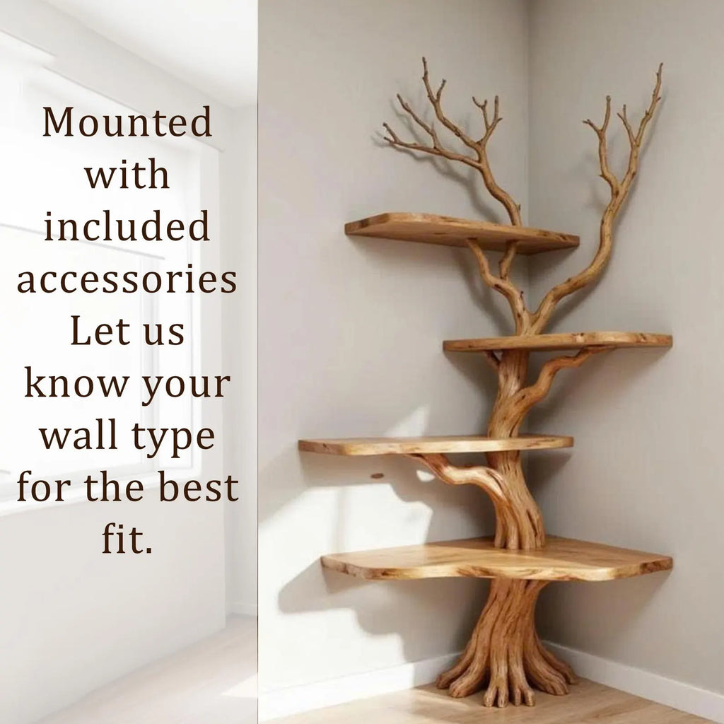 Corner driftwood bookshelf tree branch shelves